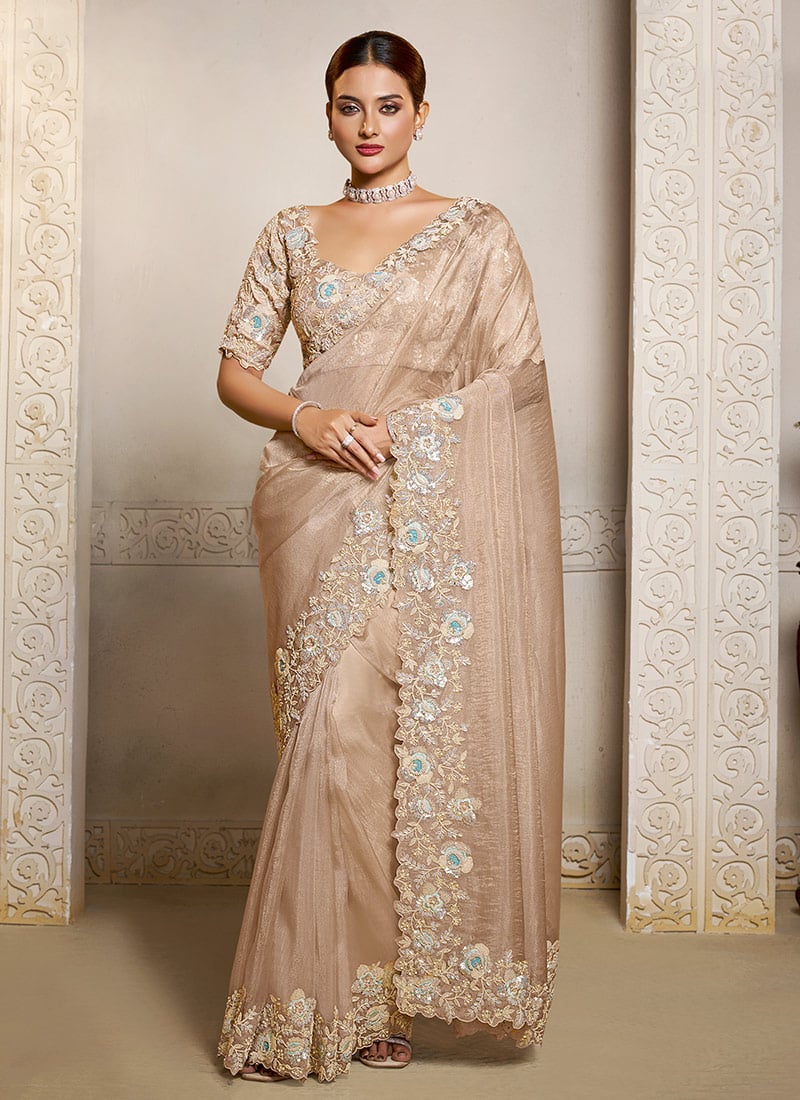 Beige Organza Crush Satin Hand Embroidered Sequins With Stone Work Saree Festive Wear