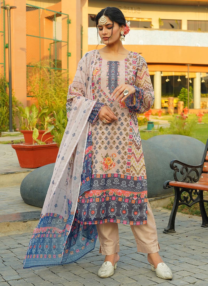 Beige Organza Digital Print Mirror Work Straight Pant Suit Festive Wear