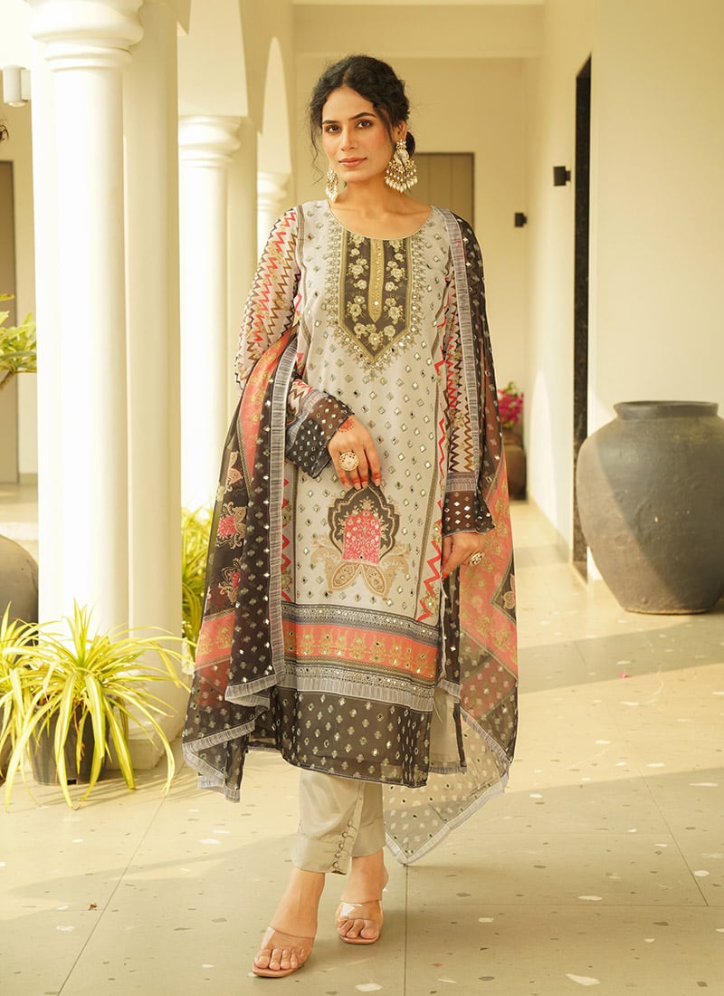Beige Organza Digital Print Mirror Work Straight Pant Suit Festive Wear