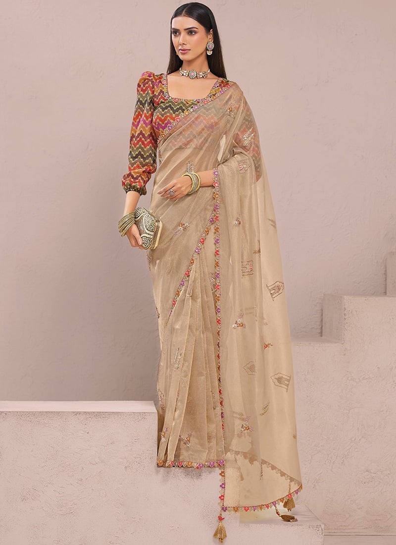 Beige Organza Embroidered Sequins Saree With Digital Print Blouse