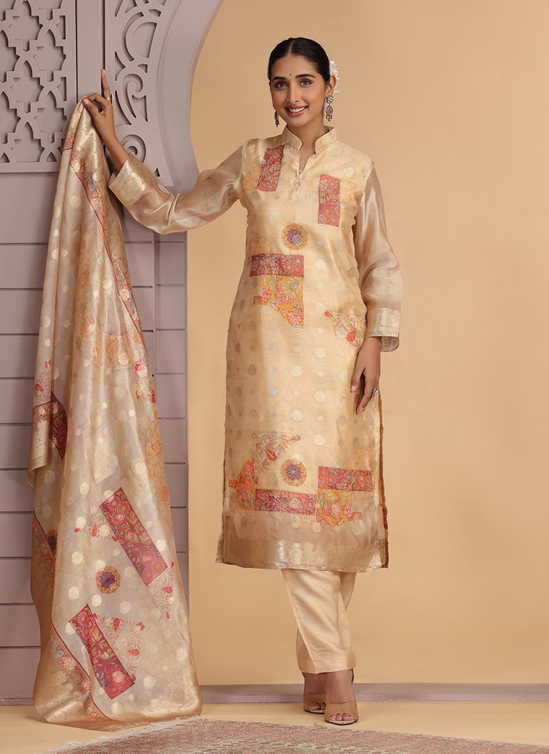 Beige Organza Jacquard Zari Embroidered Digital Print Straight Pant Suit Festive Wear