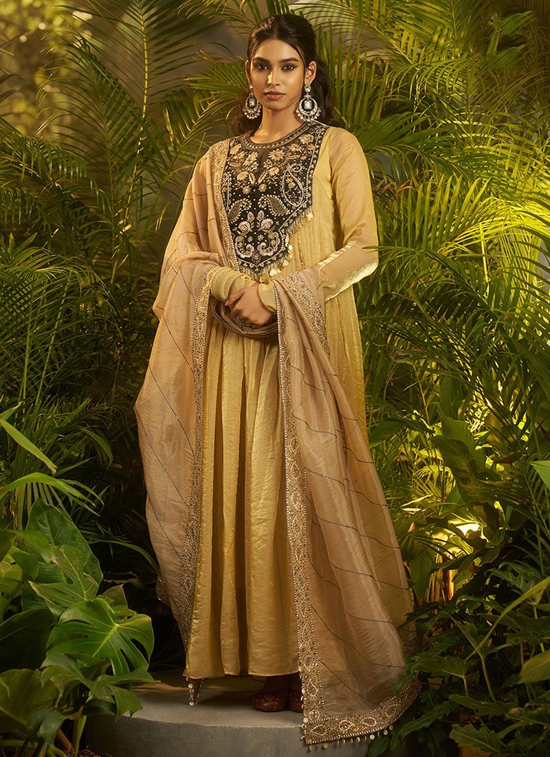 Beige Organza Patch Hand Embroidered Anarkali Suit Festive Wear