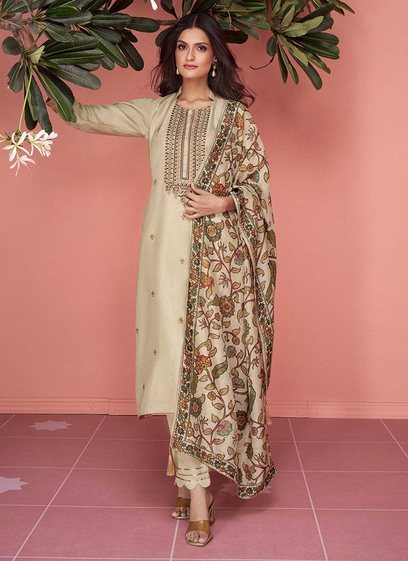 Beige Organza Sequins Printed Thread Embroidered Straight Pant Suit After Six Wear