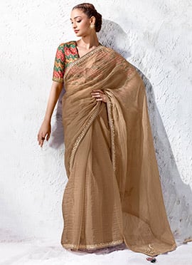 Beige Organza Silk Embroidered Saree with Digital Print Blouse