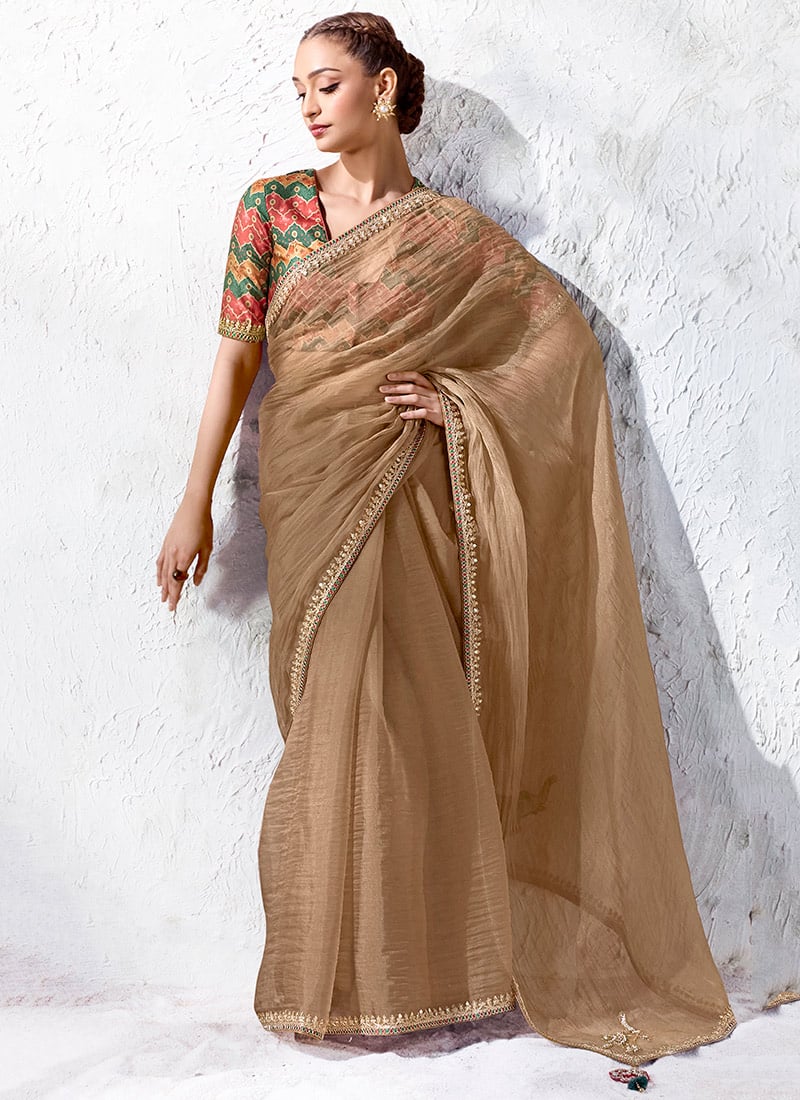 Beige Organza Silk Embroidered Saree with Digital Print Blouse After Six Wear