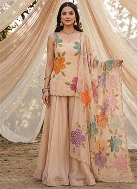 Beige Organza Silk Floral Print Sequins Palazzo Suit