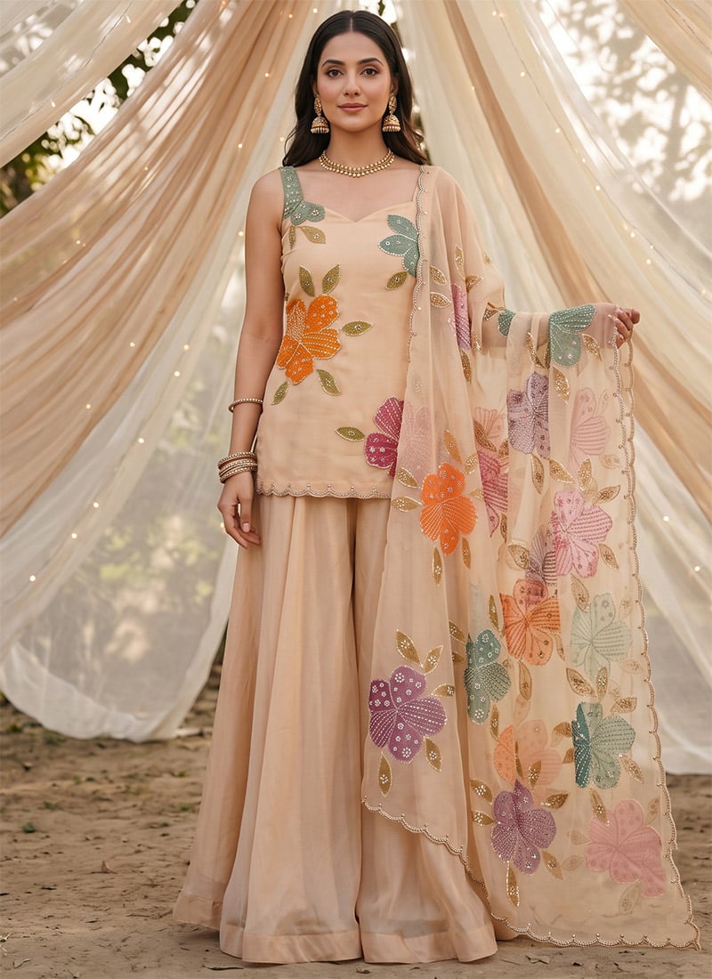 Beige Organza Silk Floral Print Sequins Palazzo Suit Festive Wear