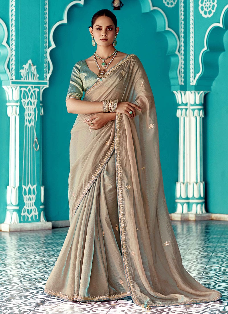 Beige Organza Zari Embroidered Sequins Saree Festive Wear