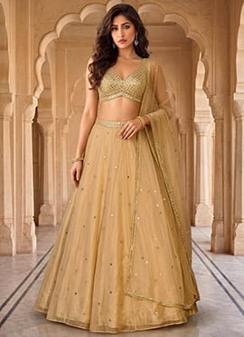 Beige Organza Zari Mirror Work Hand Embroidered Lehenga