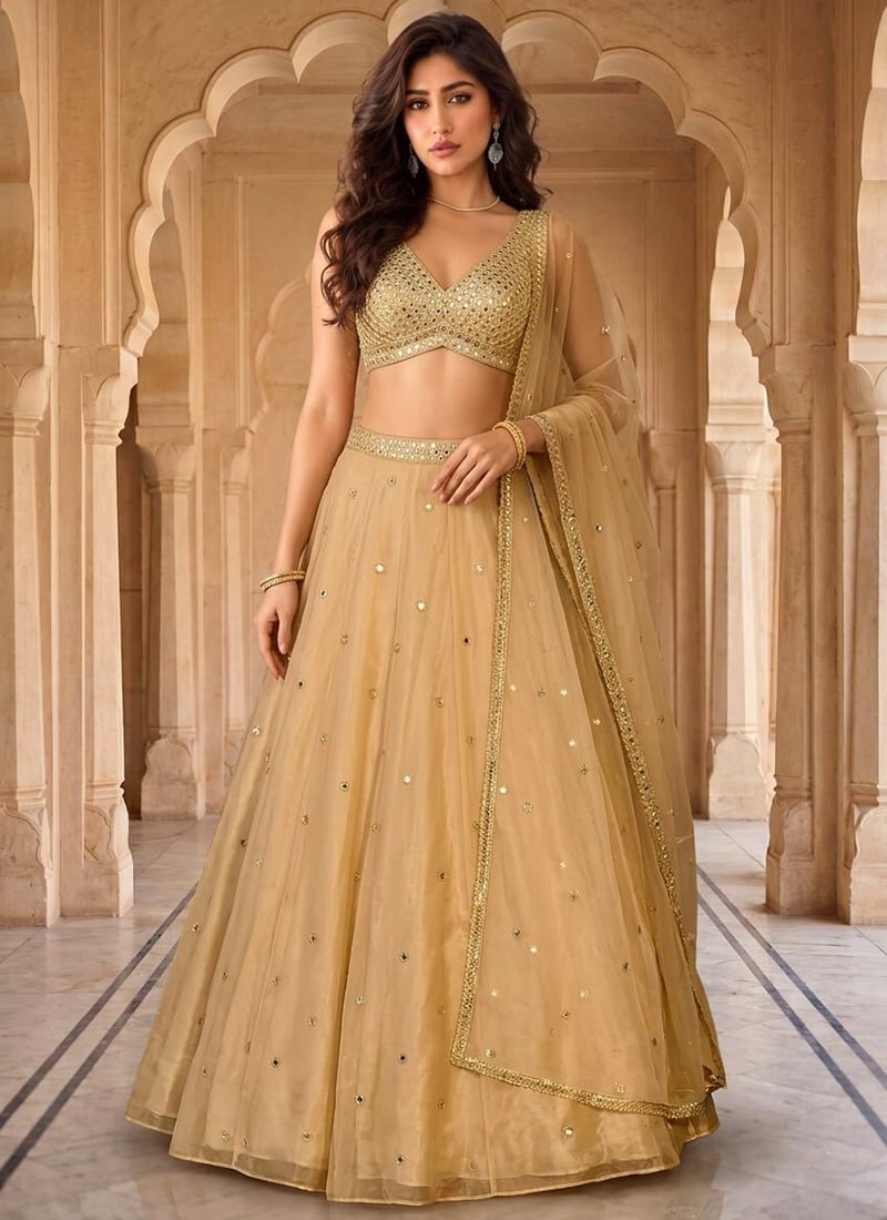 Beige Organza Zari Mirror Work Hand Embroidered Lehenga Wedding Wear