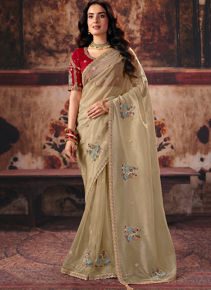 Beige Organza Zari Sequins Beads Embroidered Saree After Six Wear
