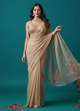 Beige Organza Zari Sequins Hand Embroidered Saree