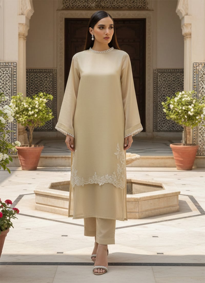Beige Organza Zari Work Straight Pant Suit Wedding Wear