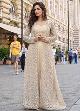 Beige Peach Crepe Silk Embroidered Indowestern Dhoti Set With Jacket