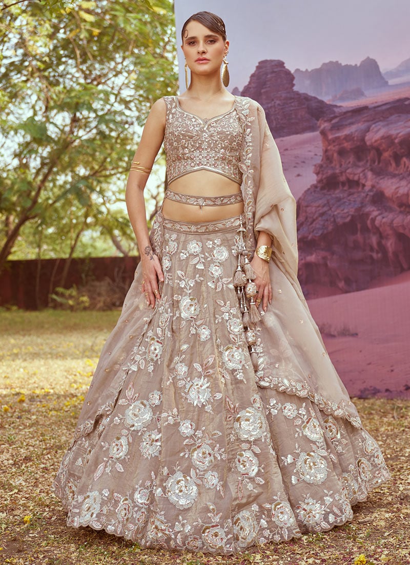 Beige Perfection In Organza Embroidered Sequins Lehenga Wedding Wear