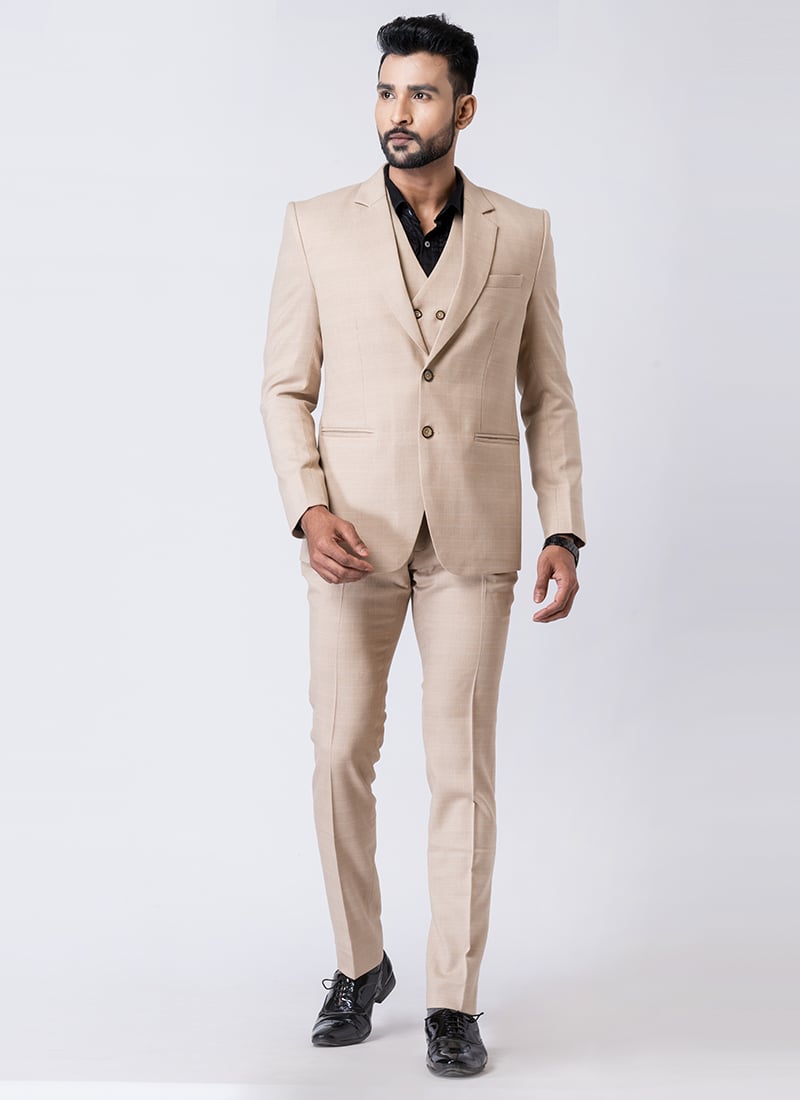 Beige Polyester Tuxedo Suit Wedding Wear