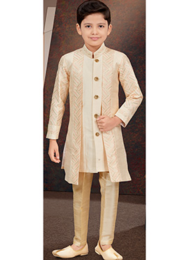 Beige Power Silk Thread Sequins Kids Boys Indowestern Sherwani