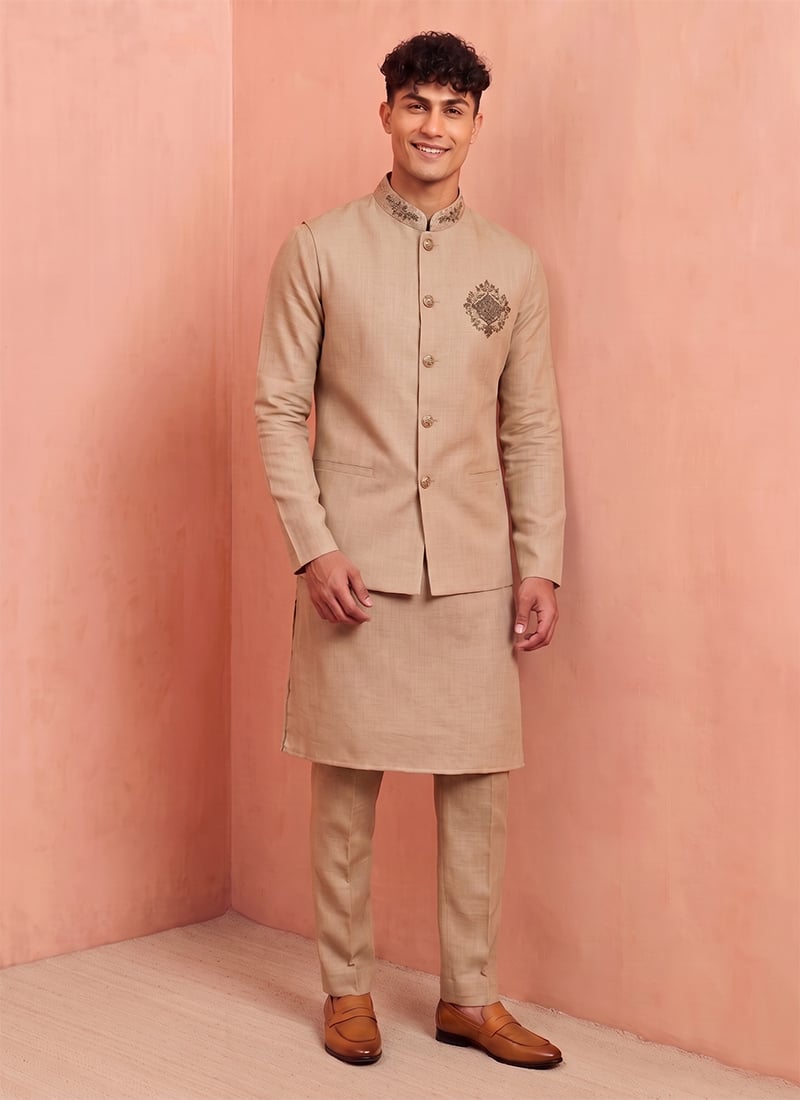 Beige Premium Linen Embroidered Sequins Kurta Pyjama With Jacket Wedding Wear