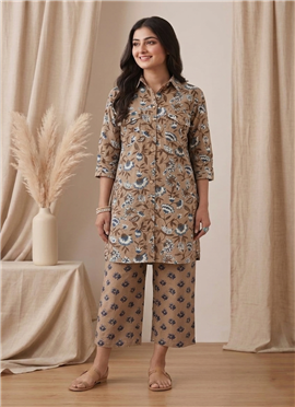 Beige Printed Cotton Kurta Set