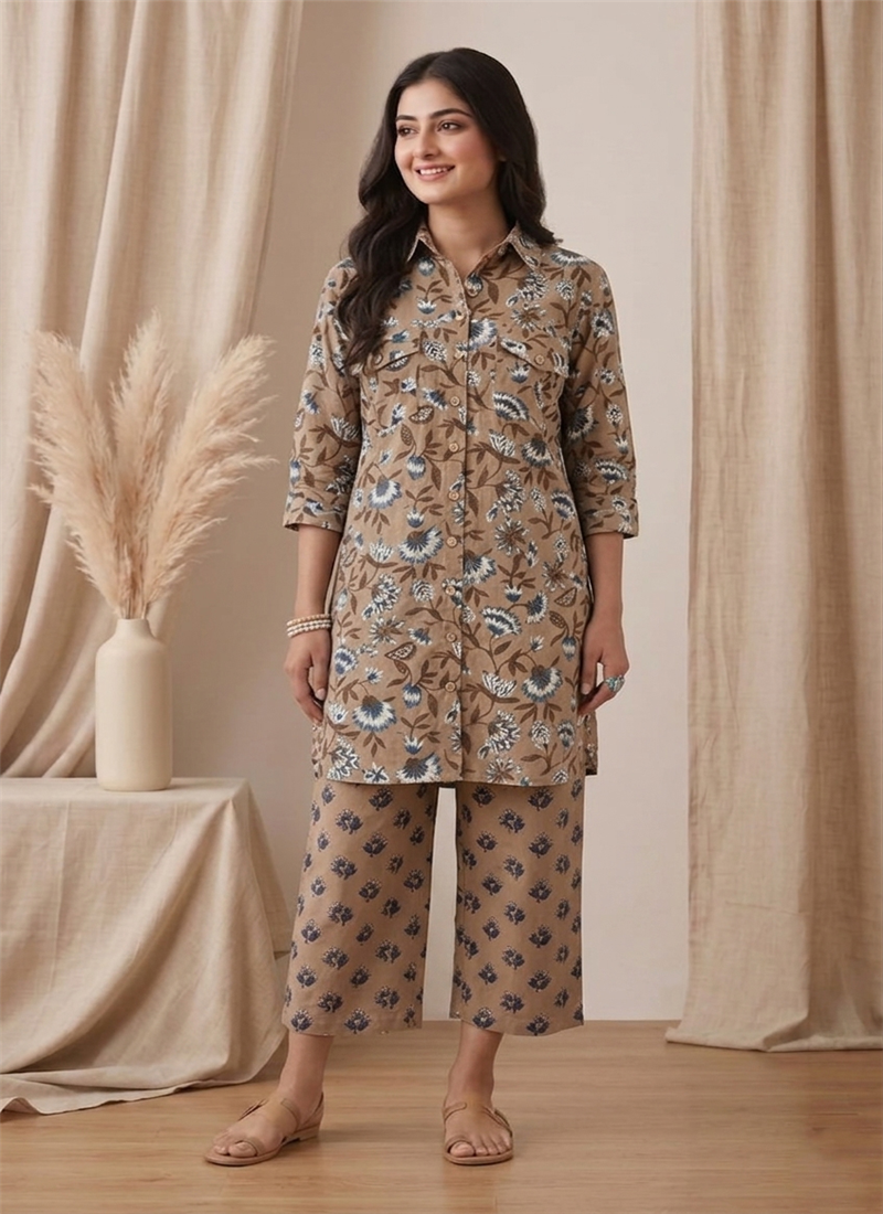 Beige Printed Cotton Kurta Set After Six Wear