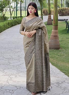 Beige Raw Silk Printed Saree