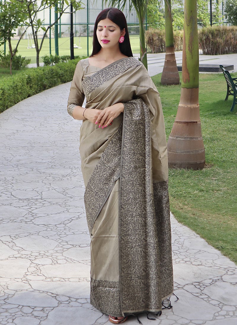 Beige Raw Silk Printed Saree Festive Wear