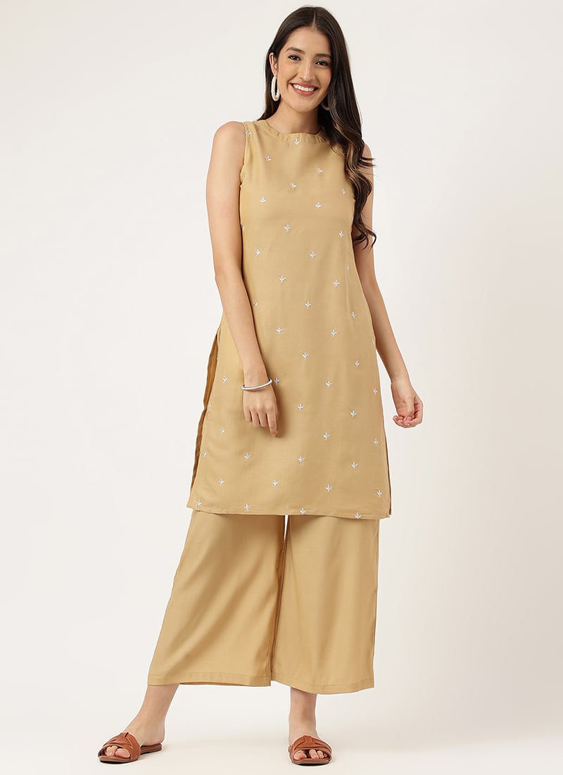 Beige Rayon Embroidered Butti Kurta Palazzo Set After Six Wear