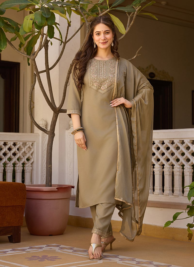 Beige Rayon Embroidered Straight Pant Suit Festive Wear