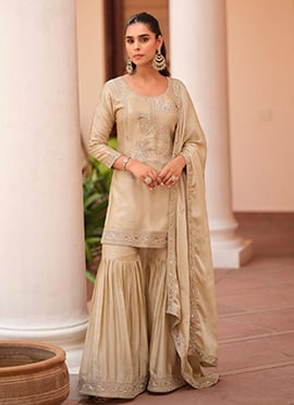 Beige Satin Embroidered Zari Sequins Sharara Suit