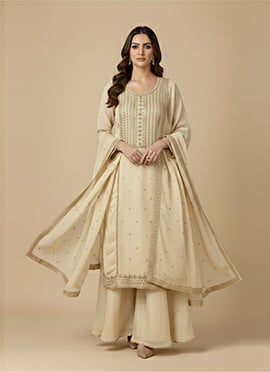 Beige Satin Georgette Zari Sequins Palazzo Suit