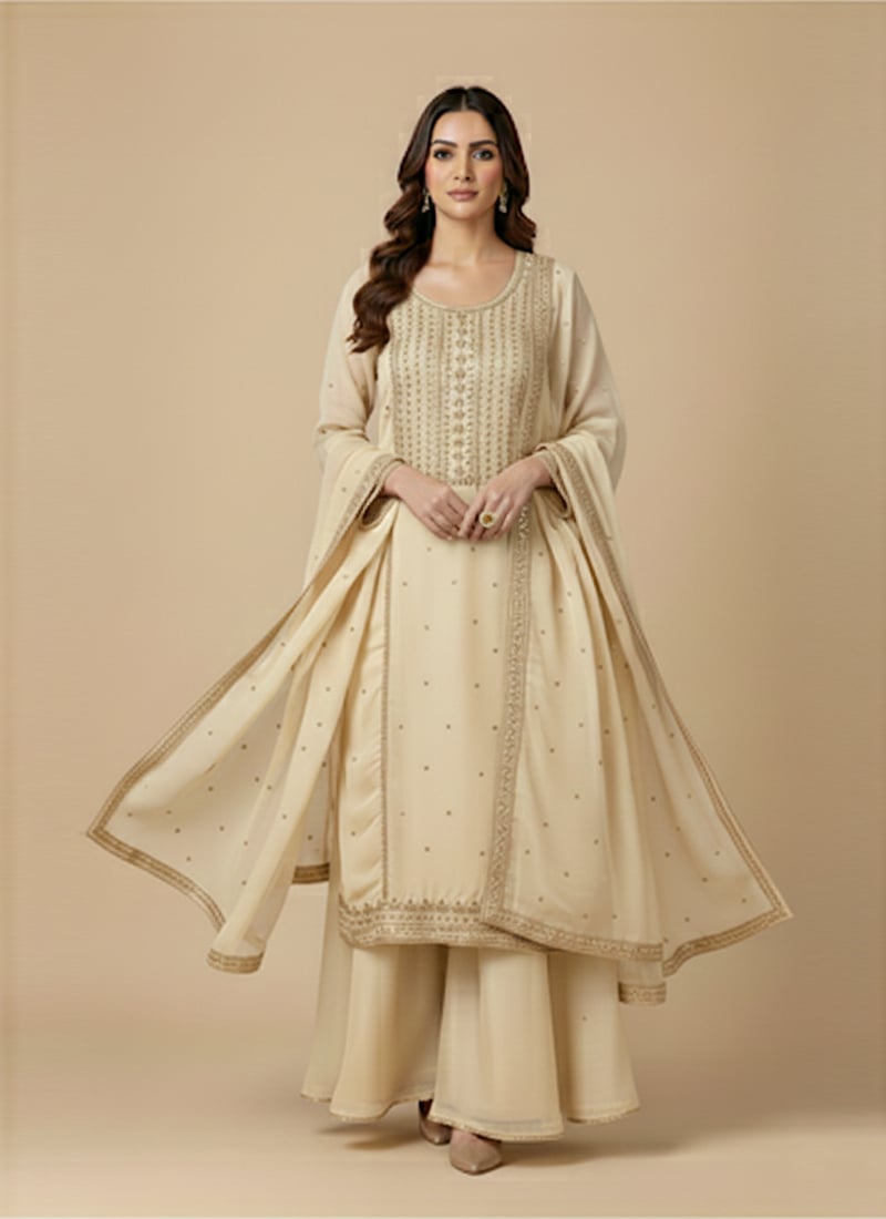 Beige Satin Georgette Zari Sequins Palazzo Suit Festive Wear
