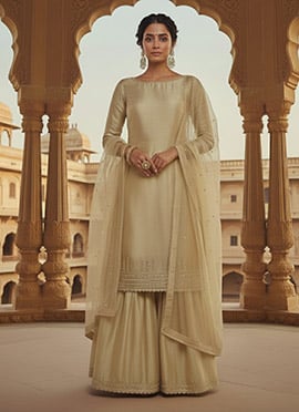 Beige Satin Georgette Zari Sequins Palazzo Suit