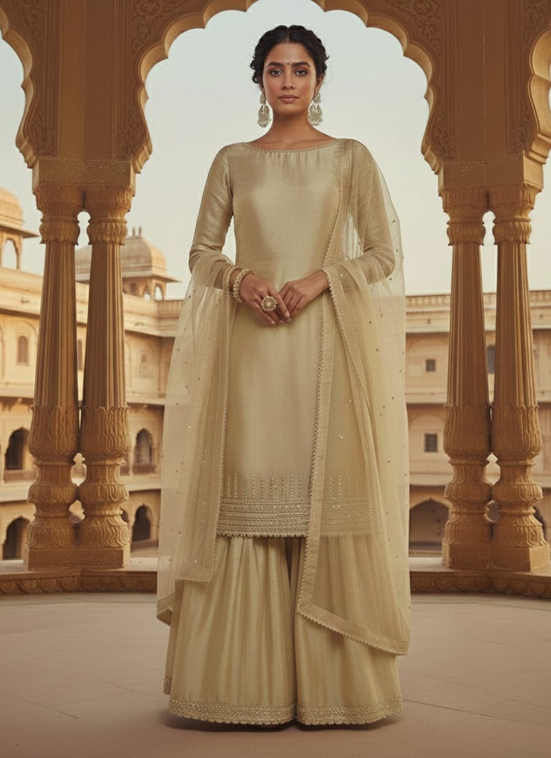 Beige Satin Georgette Zari Sequins Palazzo Suit Festive Wear