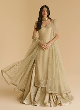 Beige Satin Georgette Zari Sequins Sharara Suit