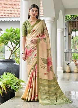 Beige Satin Silk Floral Digital Print Saree With Woven Zari Border