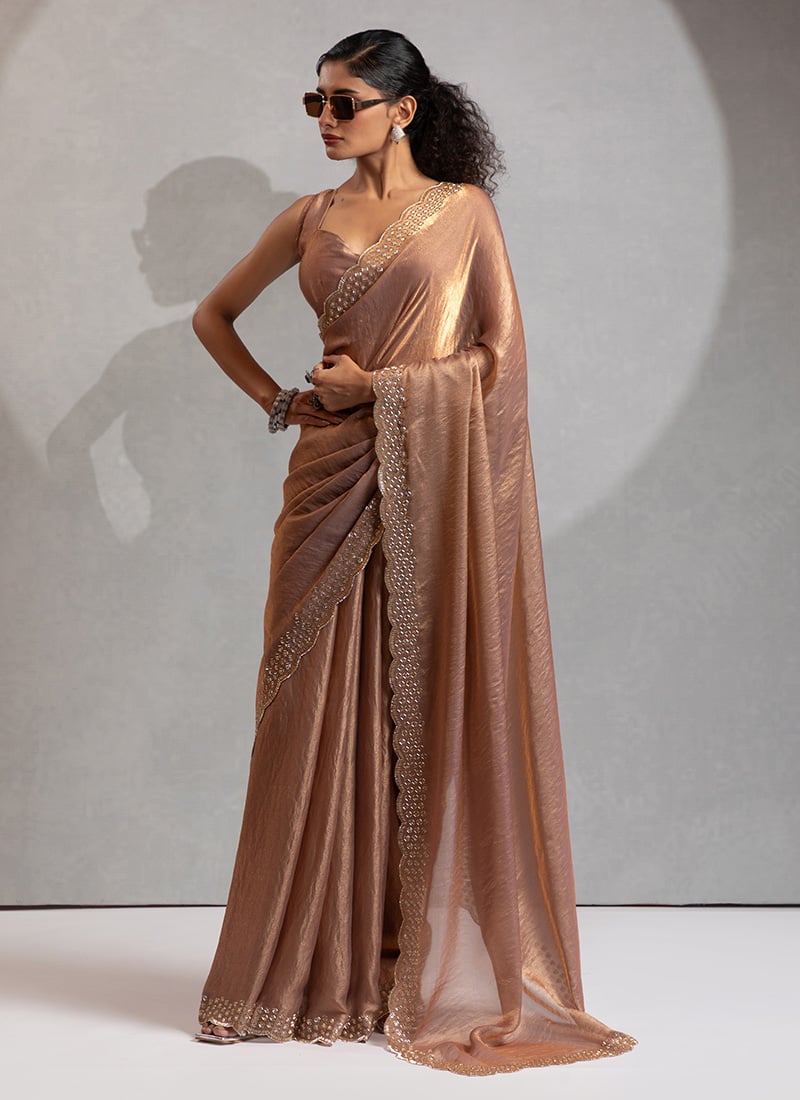 Beige Satin Silk Hand Embroidered Zari Saree