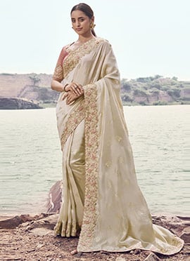 Beige Satin Silk Sequins Embroidered Stones Applique work Thread Saree