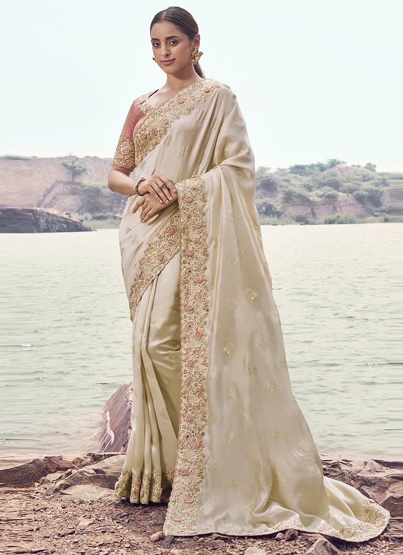 Beige Satin Silk Sequins Embroidered Stones Applique work Thread Saree Festive Wear
