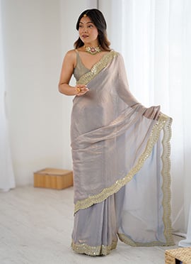 Beige Satin Silk Zari Embroidered Sequins Saree