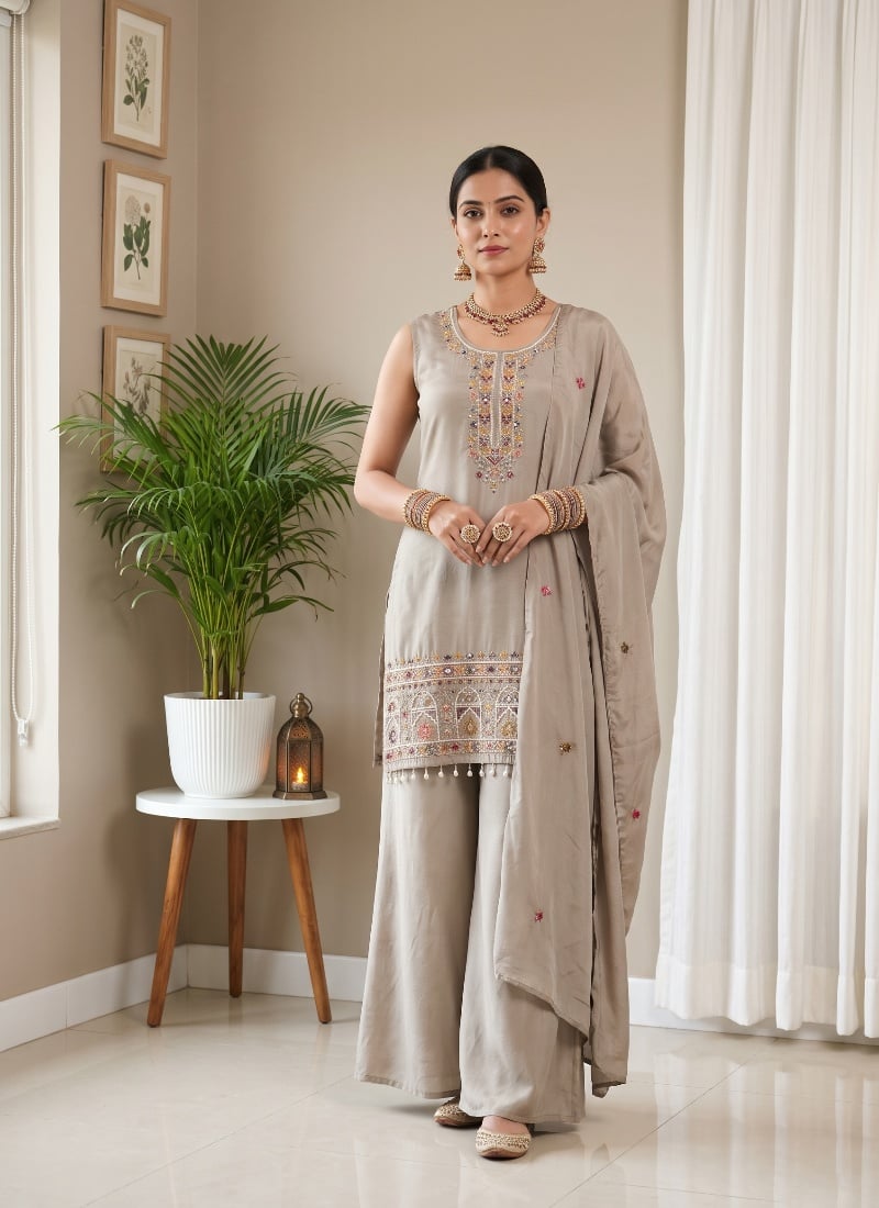 Beige Sequins Embroidered Chinon Palazzo Suit After Six Wear