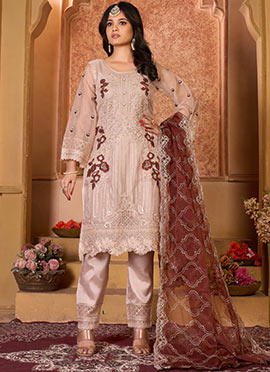 Beige Sequins Embroidered Pakistani Suit