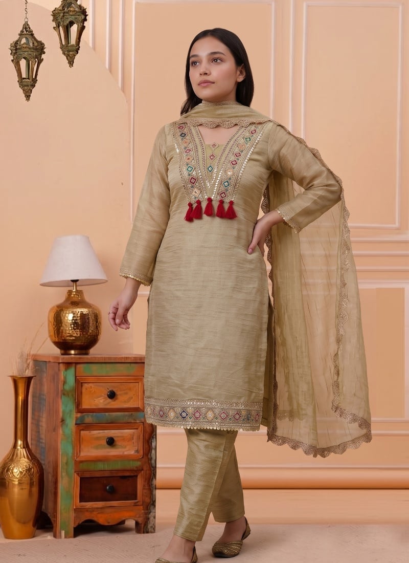 Beige Sequins Embroidered Silk Straight Pant Suit After Six Wear