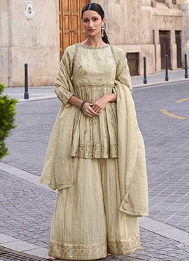 Beige Shimmer Embroidered Sequins Stunning Palazzo Suit