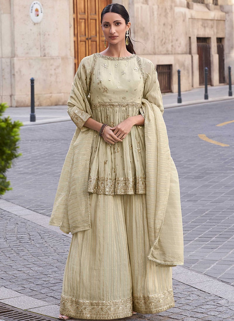 Beige Shimmer Embroidered Sequins Stunning Palazzo Suit Wedding Wear