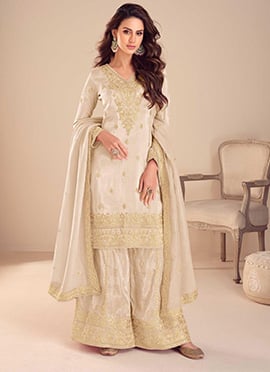 Beige Shimmer Silk Embroidered Sequins Palazzo Suit