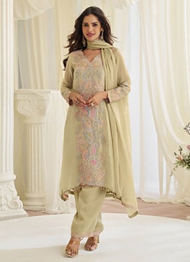 Beige Shimmer Silk Embroidered Sequins With Stone Work Pakistani Straight Pant Suit