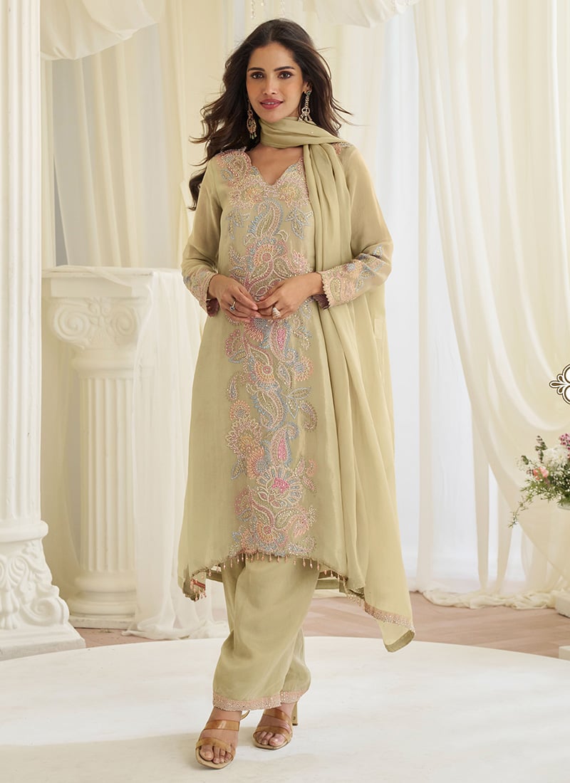 Beige Shimmer Silk Embroidered Sequins With Stone Work Pakistani Straight Pant Suit Festive Wear
