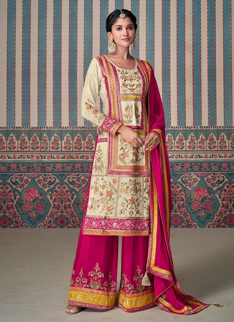 Beige Shimmer Silk Embroidered Stone Work Pakistani Palazzo Suit Festive Wear