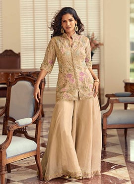 Beige Shimmer Silk Hand Embroidered Sequins Stone Work Palazzo Suit