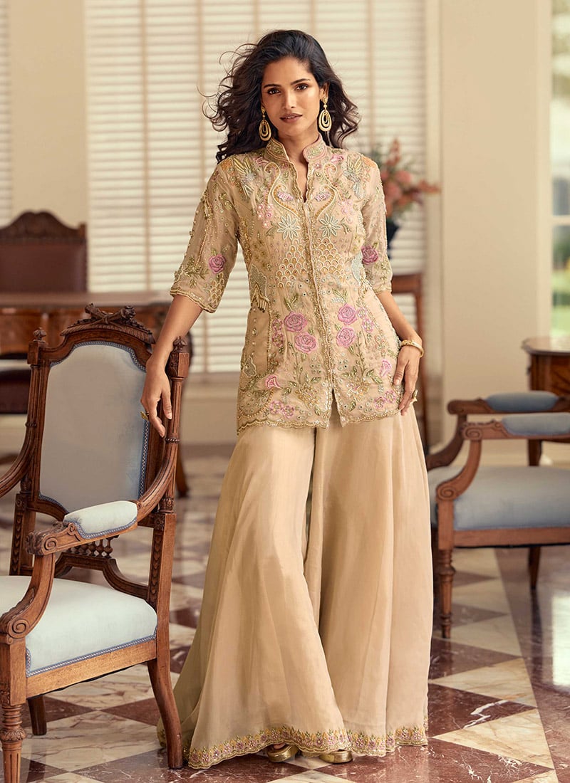 Beige Shimmer Silk Hand Embroidered Sequins Stone Work Palazzo Suit Festive Wear